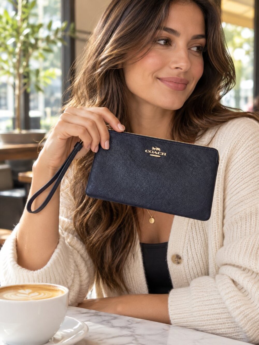 Coach Corner Zip Wristlet Womens Midnight Blue Crossgrain Leather Gold Tone